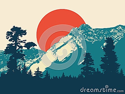 Landscape postcard background with mountains and forest Vector Illustration